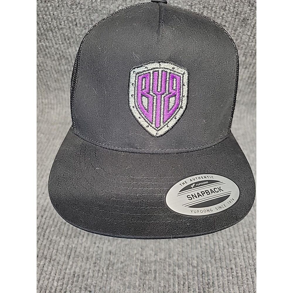 Yupoong The Classics Black Trucker Hat Purple Shield Logo Snapback Cap Mesh Back